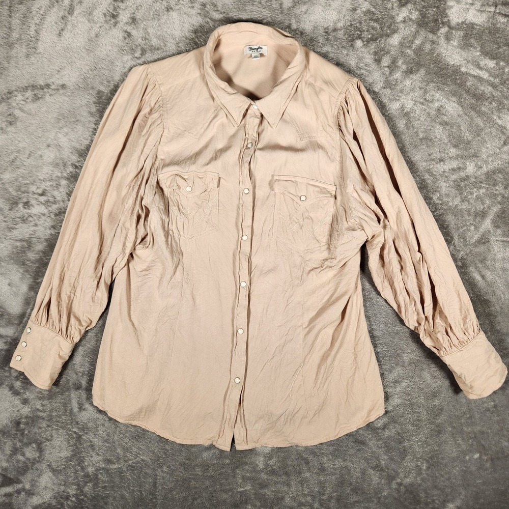 Wrangler Shirt Womens XXL Retro Blush Tan Western Pearl Snap Puff Sleeve EUC